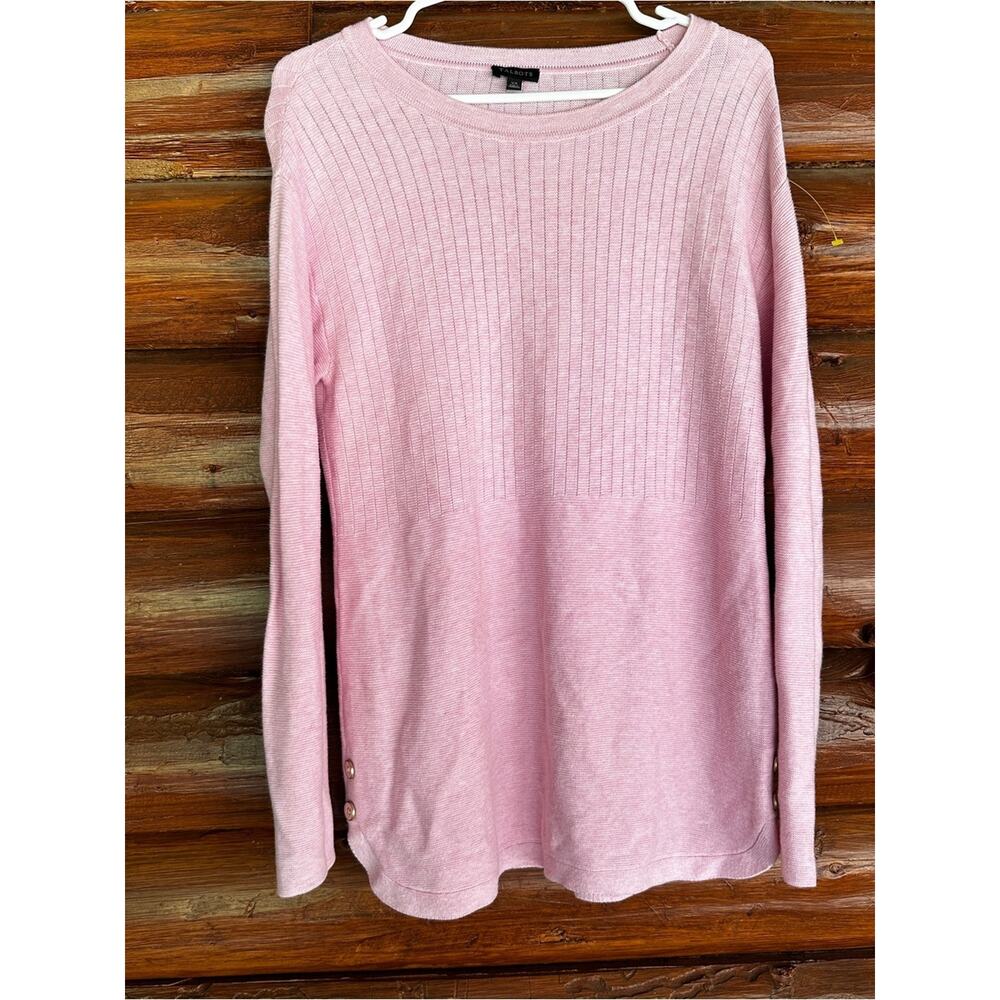 Talbots Light Pink Ribbed Crewneck Knit Top with Side Button Detail